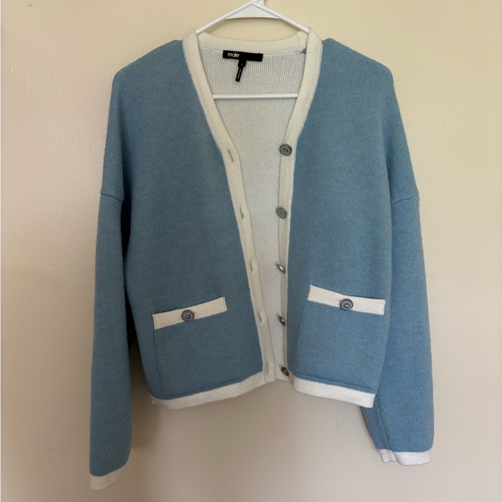 Maje Blue and Cream Button-Front V-Neck Cardigan